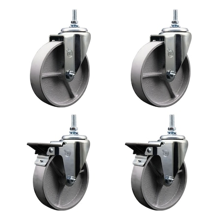 Service Caster 5 Inch Semi Steel 38 Inch Threaded Stem Caster Set 2 Brakes SCC SCC-TS20S515-SSR-381615-2-PLB-2